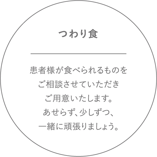 つわり食 患者様が食べられるものをご相談させていただきご用意いたします。あせらず、少しずつ、一緒に頑張りましょう。